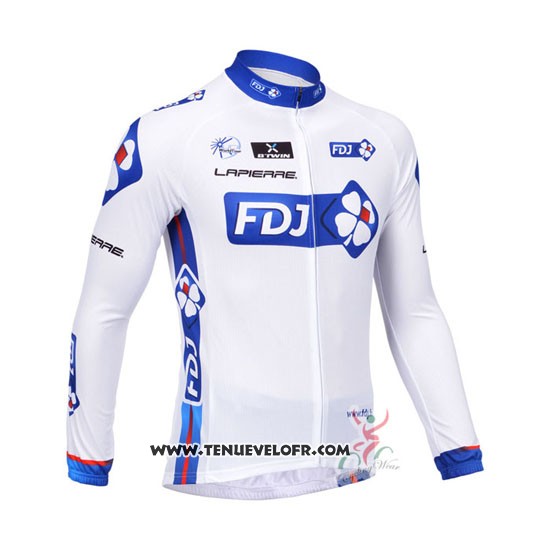 2013 Maillot Ciclismo FDJ Blanc et Azur Manches Longues et Cuissard